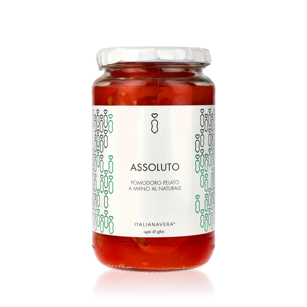 Assoluto Pomodori perlati San Marzano, geschälte Tomaten von Italianavera im Glas. Perfekt für Antipasti, Pasta, Pesto & Sugo.