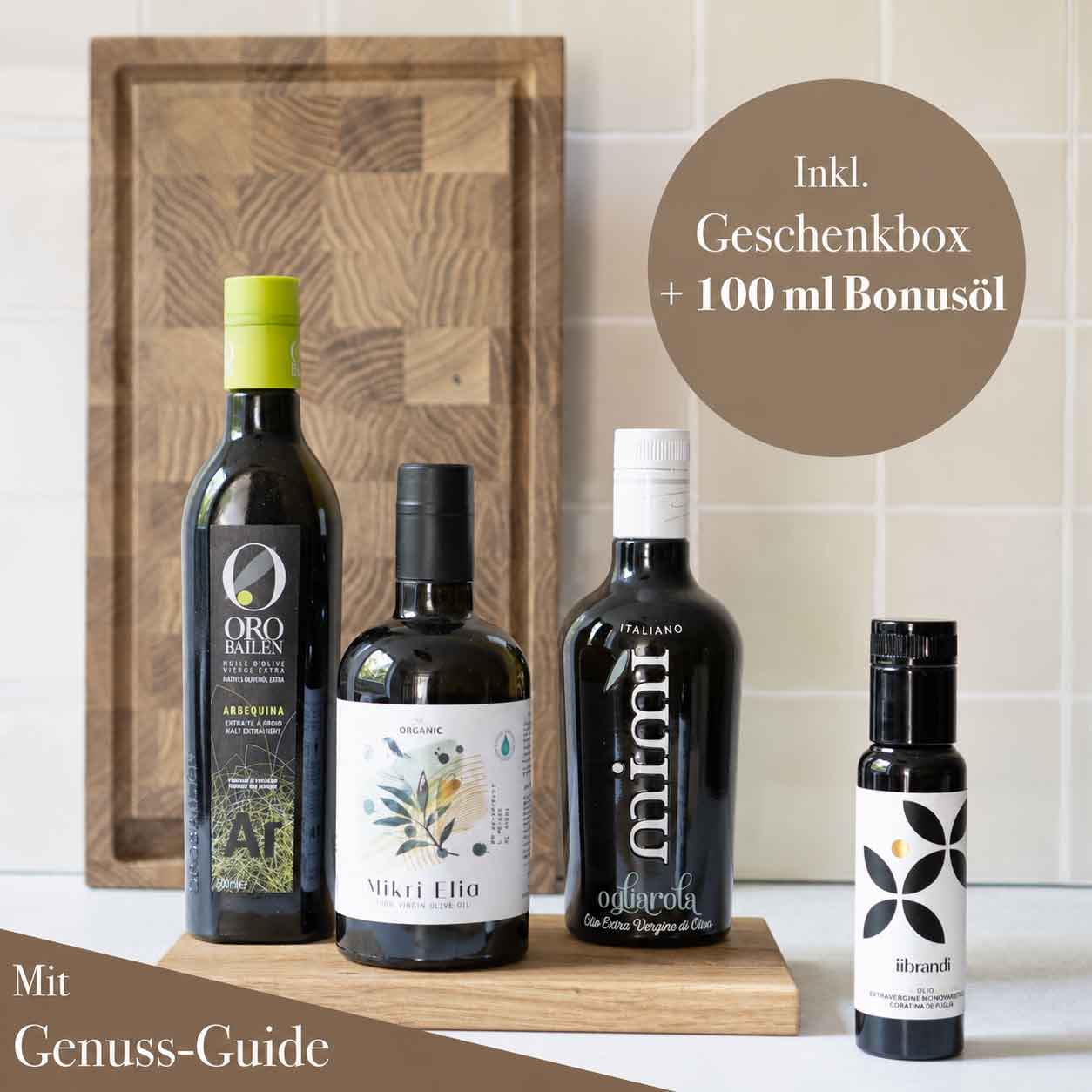 3 Olivenöle a 500 ml + 1 Bonusöl 100 ml inklusive kleinem Genuss-Guide und Geschenkbox