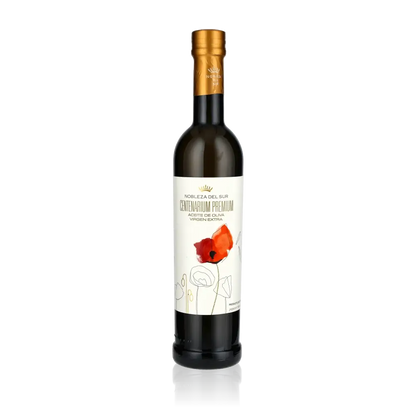 Olivenölflasche Nobleza del Sur Centenarium Premium auf schwarzem Hintergrund.