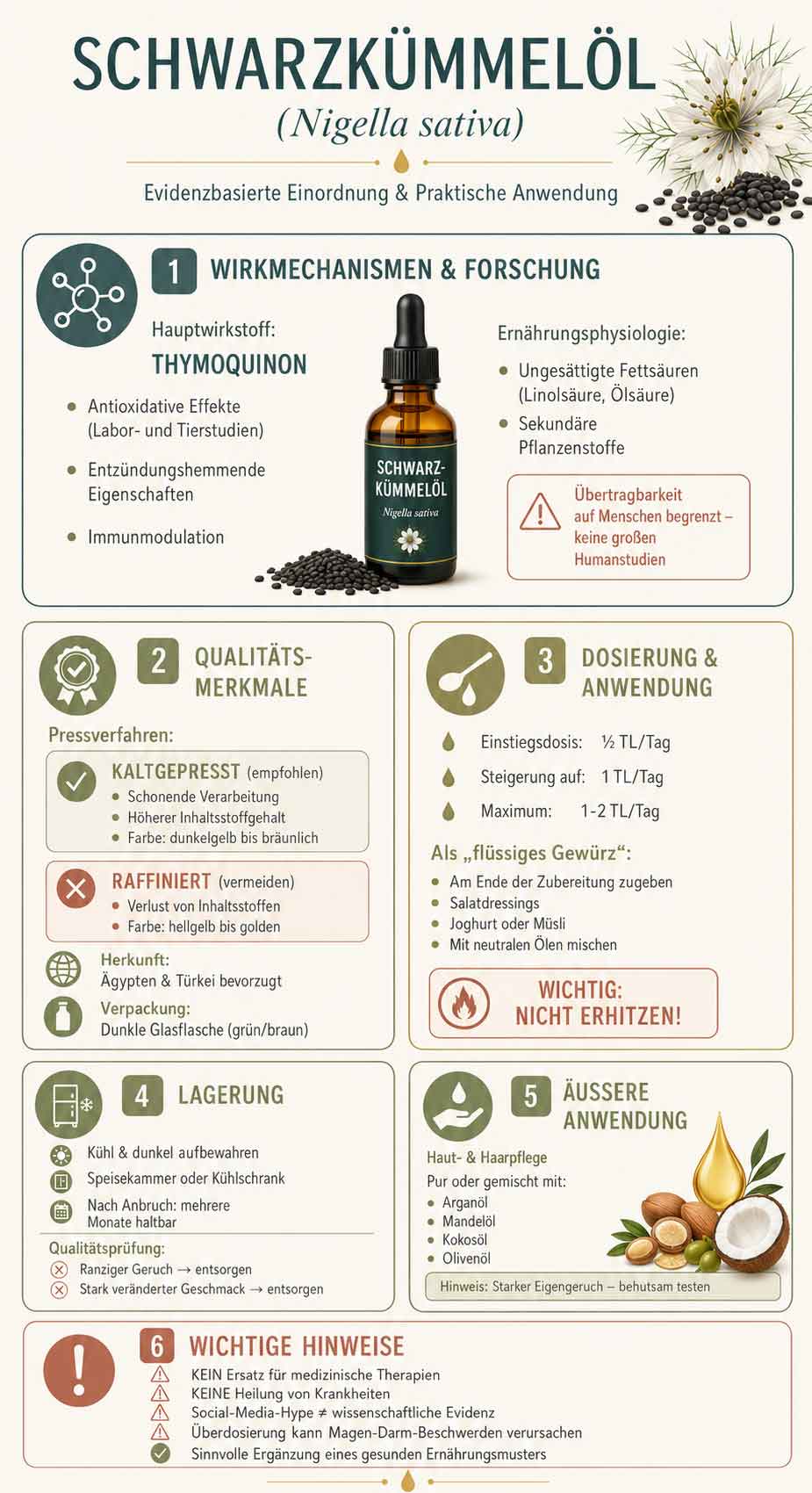 Infografik zu Schwarzkümmelöl (Nigella sativa): Übersicht zu Thymoquinon, Qualitätsmerkmalen wie Kaltpressung, Dosierung, Lagerung und Anwendung