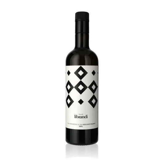 Flasche Tenute Librandi Olivenöl mit geometrischem Etikettendesign.