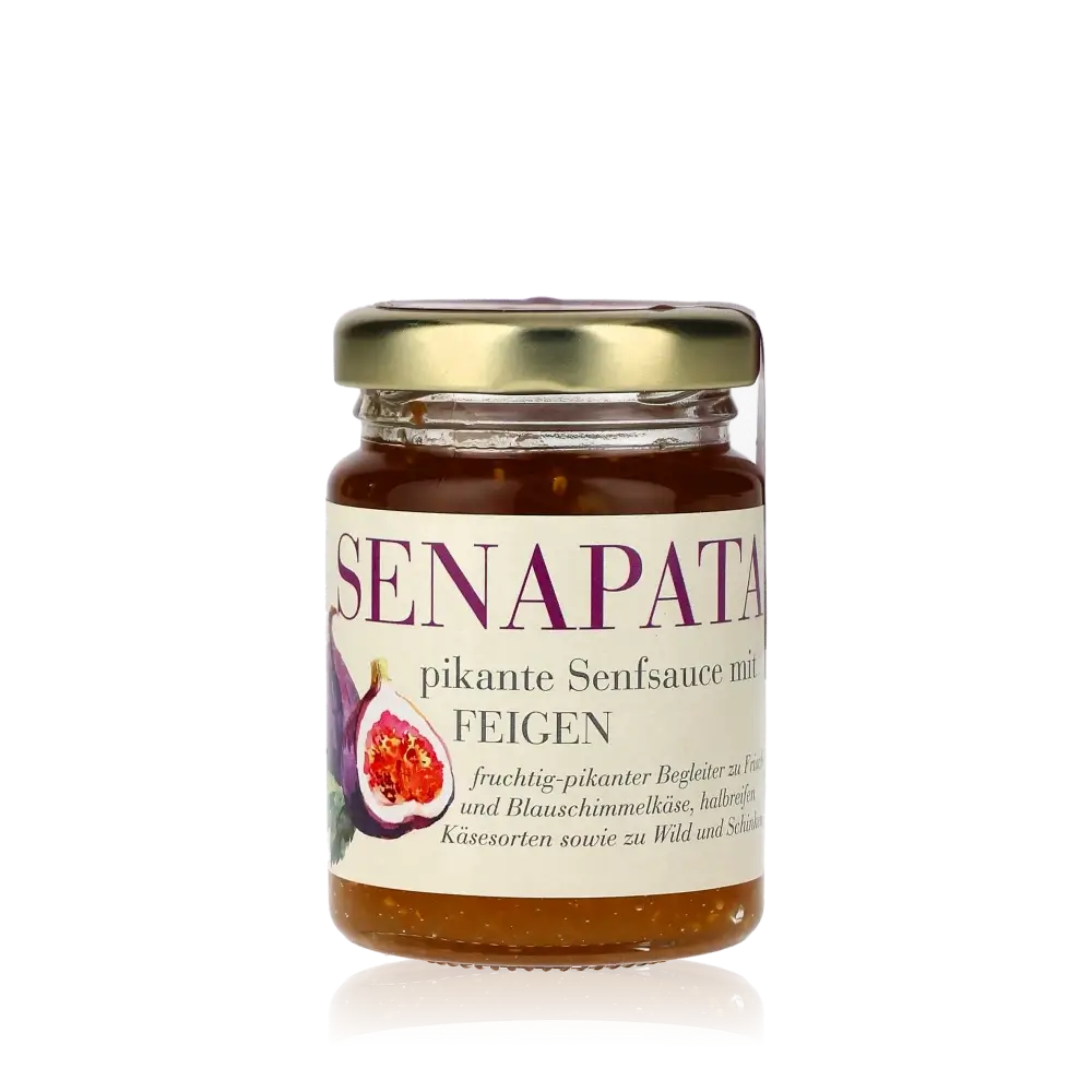 Senapata Feigen Senfsauce Glas vor schwarzem Hintergrund.