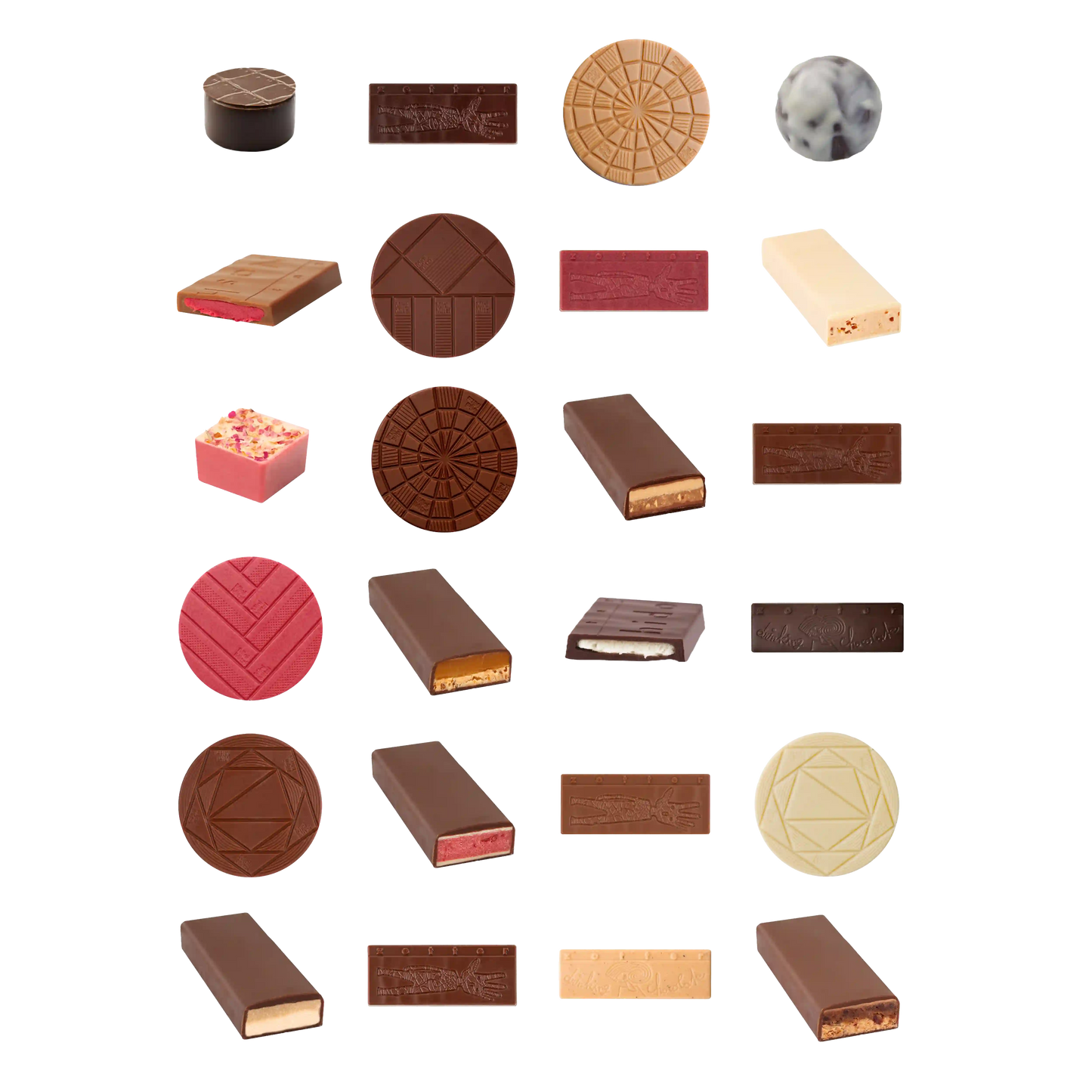 24 Schokoladen und Pralinensorten. Inhalt des Best Of Adventskalender von Zotter