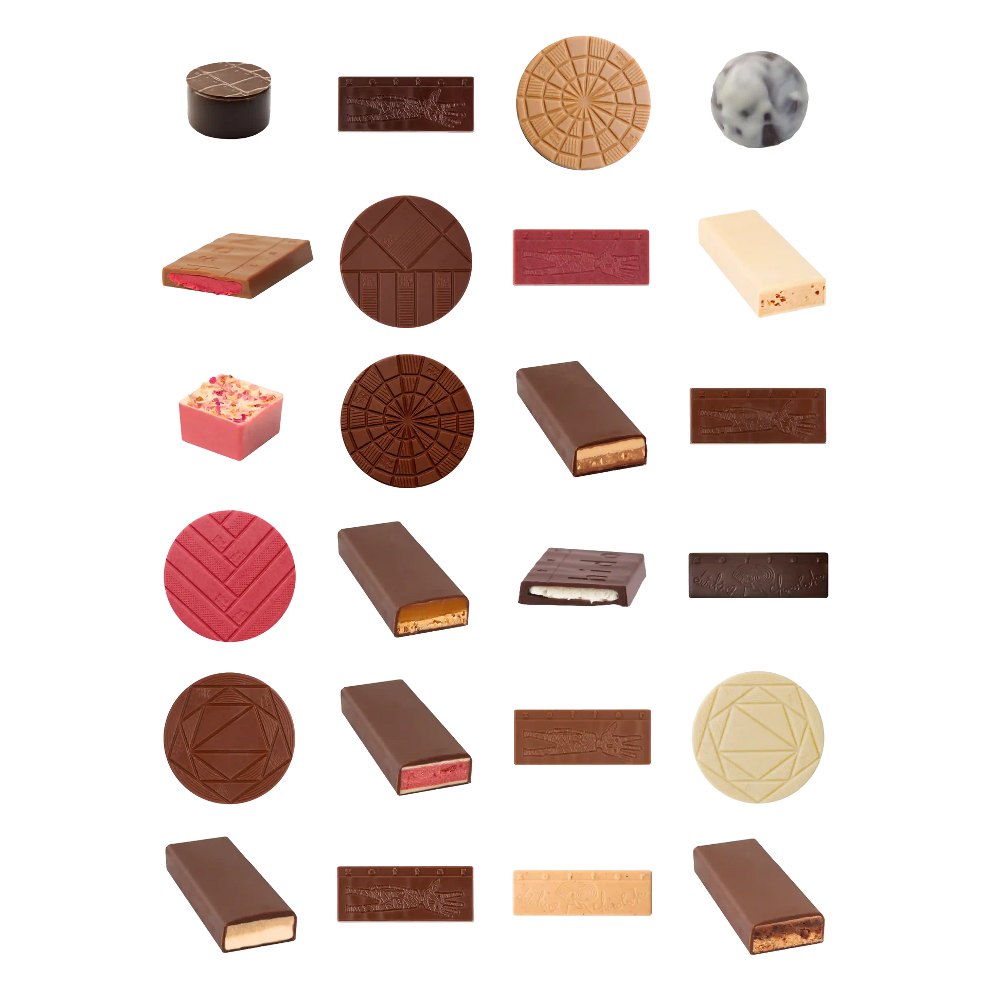 24 Schokoladen und Pralinensorten. Inhalt des Best Of Adventskalender von Zotter