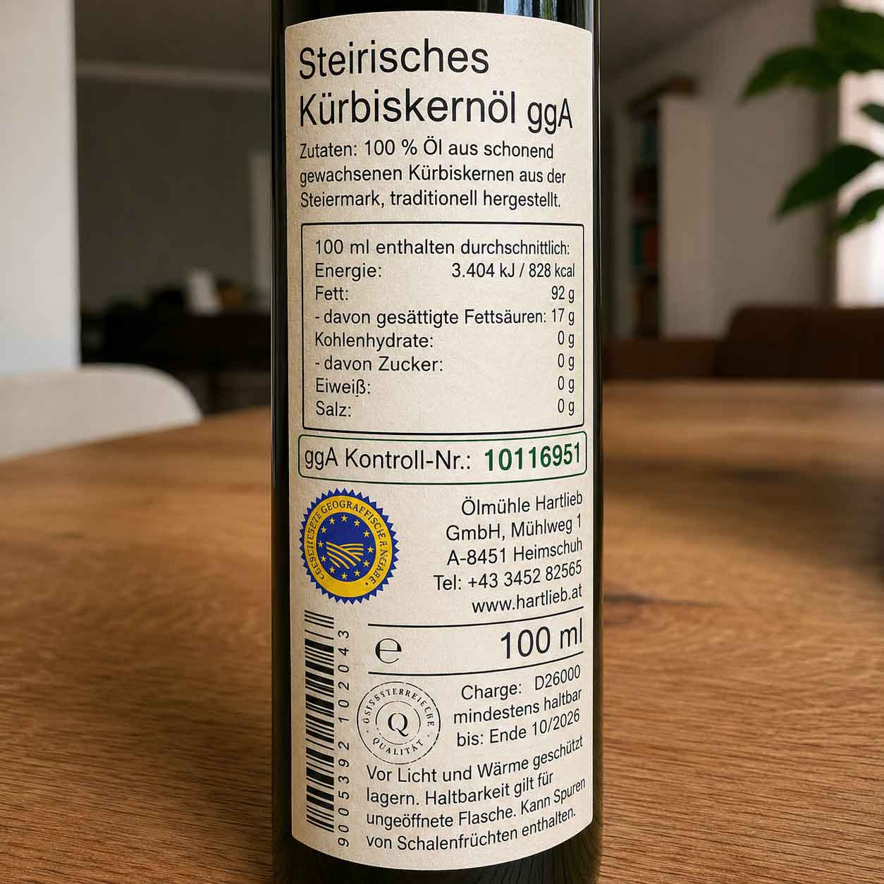 Steirisches Kürbiskernöl: ggA Kontrollnummer auf Etikettrückseite