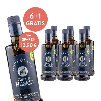 Sechs Flaschen Casas de Hualdo Arbequina Olivenöl.