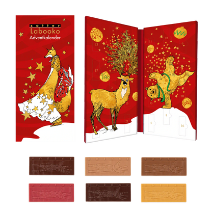 Labooko Adventskalender von Zotter  in weihnachtlichem Design und mit goldenen Applikationen.