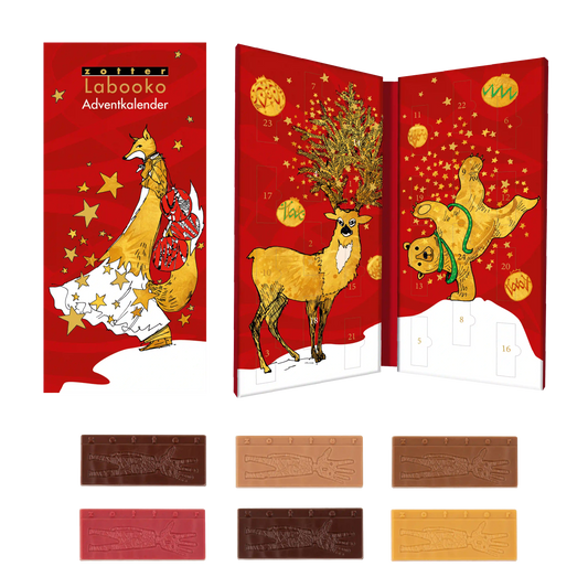 Labooko Adventskalender von Zotter  in weihnachtlichem Design und mit goldenen Applikationen.