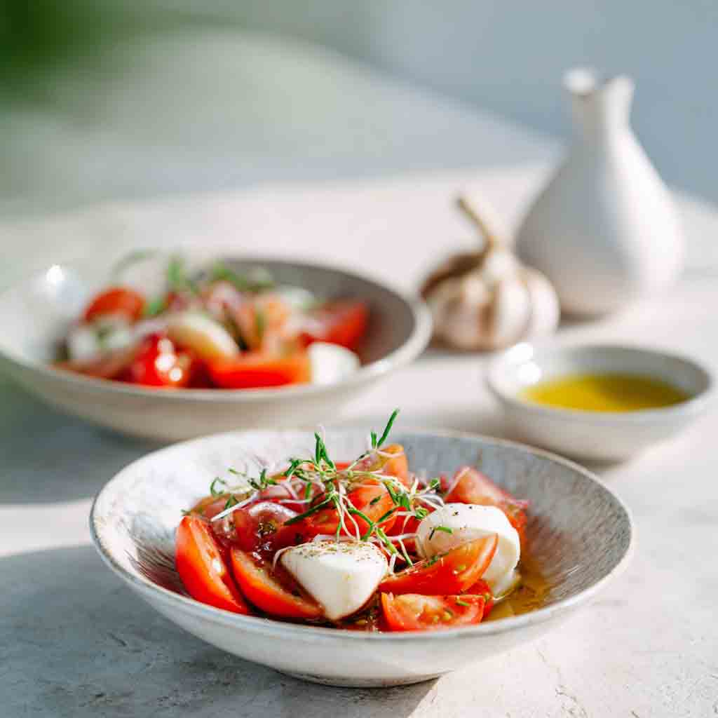 Tomate Mozzarella würzen Sie am besten mit mittel-fruchtigem Olivenöl