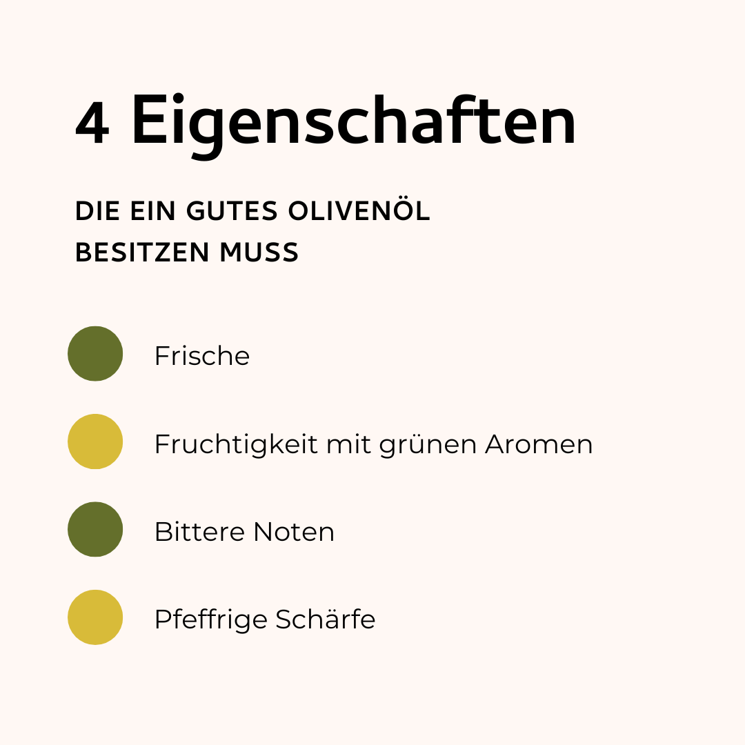 Infografik:: 4 Eigenschaften die ein gutes Olivenöl besitzen muss: Frische, fruchtig, bitter und scharf